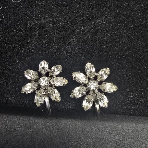 Van Dell Sterling Silver Earrings Rhinestone Flower Screw Back Vintage Jewelry - Picture 6 of 9